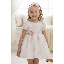Pamina Kız Bebek Kurdele Motifli ve Çiçekli Saç Bantlı Detaylı Elbisesi 6-24 Ay Pudra