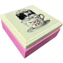 Uretti - Hülya 6683 4821 El Yapımı Nostaljik Retro Kedi Baskılı Kare Ahşap Dekoratif Saklama / Takı Kutusu