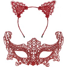 Aesco Romantik Kırmızı Dantel Maske Seti – Kedi Kulaklı Taç ve Maske 3 No - Lisinya