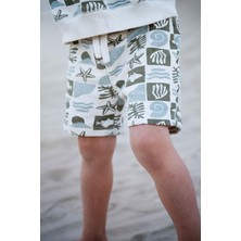 Antebies Organik Gots Sertifikalı Yeşil Okyanus Desenli Beli Lastikli Bağcıklı Çocuk Bebek Şort