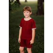 Antebies Organik Gots Sertifikalı Beyaz Detay,kiremit Waffle, Beli Bağcıklı,tshirt Şort Erkek Çocuk Takımı