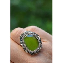 Stoneage Kedi Gözü Fıstık Yeşili Ayarlanabilir Kadın Yüzük Mücevher Işçiliği El Yapımı Yerli Üretim