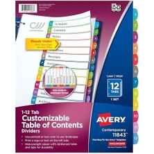 Liora Avery 3 Halkalı Klasör Için 12 Bölmeli Bölücü, Özelleştirilebilir Içerik Tablosu, Çok Renkli Sekmeler, 1 Set, 24 Paket (11843)