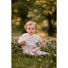 Antebies Organik Gots Sertifikalı Bej Grid Desenli Uzun Kollu Manşetli Erkek Çocuk Sweatshirt