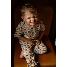 Antebies Organik Gots Sertifikalı Pastel Damalar Desen Bel Lastikli Tshirt Pantolon Erkek Çocuk Pijama Takımı