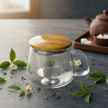 Nexa Bambu Kapaklı Cam Süzgeçli Kupa 350 ml | Bitki Çayı, Demleme Çay ve Kahve Kupası | Borosilikat Dayanıklı Cam | Sağlıklı ve Şık