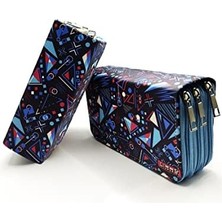 Liora Kalem Kutusu Mavi Geometrik Desenli Organizer Kalemkutu Vegan Deri Üç Bölmeli Kalemlik