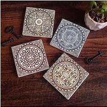 Nexa Etnik Desen Taş Bardak Altlığı Seti - 4 Parça - Dekoratif, Rustik Mutfak Aksesuarı, 10X10 Cm, Kaydırmaz Tabanlı, Şık ve Dayanıklı SC114