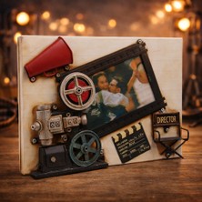 Sinema Temalı Vintage Dekoratif Çerçeve – El Yapımı Eskitme Metal Ahşap Fotoğraf Çerçevesi