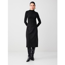 Jimmy Key Siyah Yüksek Bel Düğme Detaylı Süet Midi Etek