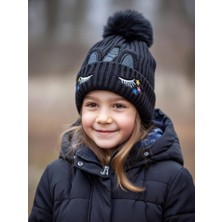 Mollycrush Siyah Unicorn Nakışlı Içi Polar Kız Çocuk Kışlık Bere