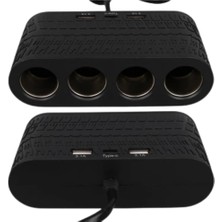 Aesco Araç Çakmak Çoklayıcı 4 Çıkışlı 2 USB ve Type C Girişli Çok Fonksiyonlu Şarj Ünitesi - Lisinya