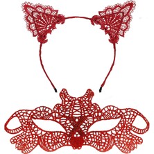 Aesco Ateş Kırmızısı Dantel Taç ve Maske Seti 10 No - Maskeli Balo  Özel Gün Seti - Lisinya