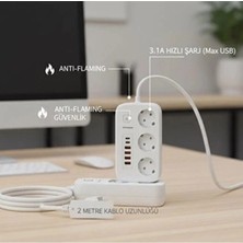Aesco Akım Korumalı Priz ve Masaüstü Şarj Istasyonu Kablosuz 3 Priz ,4 Usb, 2 Type-C Girişli 2 Metre - Lisinya