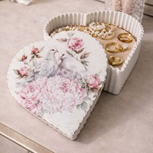 Uretti - Hülya 6683 5807 Kuş Desen Baskılı El Yapımı Kalp Biçimli Dekoratif Polyester Takı Kutusu - Masaüstü Takı Organizeri