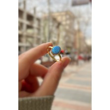 Erer Gümüş Gümüş Mavi Opal Taşlı Altın Kaplama Yüzük
