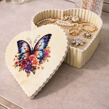 Uretti - Hülya 6683 1887 Kelebek Desen Baskılı El Yapımı Kalp Biçimli Dekoratif Polyester Takı Kutusu - Masaüstü Takı Organizer