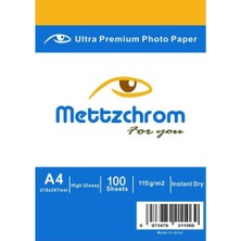 Mettzchrom Parlak Inkjet A4 Fotoğraf Kağıdı 100'LÜ Epson Canon Uyumlu 115G Fotoğraf Kağıtları Arkası Yazısız