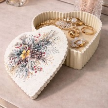 Uretti - Hülya 6683 9876 Çiçek Desen Baskılı El Yapımı Kalp Biçimli Dekoratif Polyester Takı Kutusu - Masaüstü Takı Organizeri