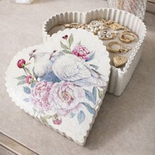 Uretti - Hülya 6683 4771 Kuş Desen Baskılı El Yapımı Kalp Biçimli Dekoratif Polyester Takı Kutusu - Masaüstü Takı Organizeri