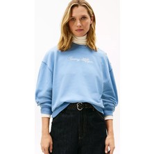 Tommy Hilfiger Kadın Omuz Düğmeli Script Nakışlı Sweatshirt - Mavi