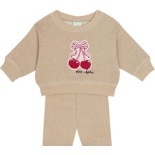 Antebies Pamuk, Sustainable, Bej Kiraz Baskılı  Kız Bebek Sweatshirt Biker Takım