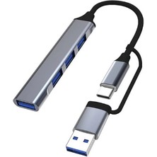 Hietech USB Hub Çoklayıcı Metal Usb-C + USB Çoklayıcı Type-C ve USB Bağlantılı 3.0 Metal 4 USB USB Hub Çoklayıcı