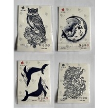 Airbrush Tattoo Balina Baykuş 4 Adet Birden Minimal 1 Ay Kalıcı Yarı Kalıcı Geçici Dövme 11X18 cm