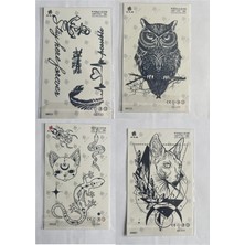Airbrush Tattoo Baykuş Kedi 4 Adet Birden 1 Ay Kalıcı Yarı Kalıcı Geçici Dövme 18X11 cm