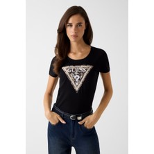 Guess Kadın Jersey Slim Fit Taşlı Logolu T-Shirt - Siyah