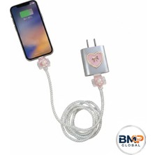 BMP GLOBAL Gri Kalpli Inci Detaylı & Figürlü Şarj Kablo Koruyucu ve Adaptör Kılıf Seti(18W/20W/25W uyumlu)