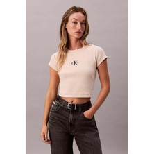 Calvin Klein Kadın Monologo Baby Rib Tee T-Shirt - Ekru