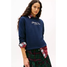 Tommy Hilfiger Kadın El Yazısı Nakışlı Bisiklet Yaka Sweatshirt - Lacivert
