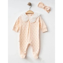 Puantiyeli Fisto Yakalı Pamuklu Penye Kız Bebek Tulum Seti