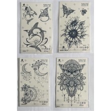 Airbrush Tattoo Baykuş Balık 4 Adet Birden 1 Ay Kalıcı Yarı Kalıcı Geçici Dövme 18X11 cm