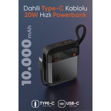 Enshall Prıme 10.000 Mah Mini Type-C Kablolu 20W Hızlı Şarj Fultech LCD Ekranlı Taşınabilir Powerbank