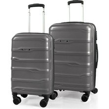 Polo&sky Azra Model Füme Renk Pp Kırılmaz 2'li Kabin Boy + Orta Boy Valiz Seti