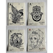 Airbrush Tattoo Süslü Kuş 4 Adet Birden Minimal 1 Ay Kalıcı Yarı Kalıcı Geçici Dövme 11X18 cm