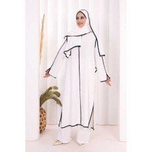 Bym Fashion Hac Umre Biyeli Pantolonlu Tunik Takım Şal Hediye 8001 Ekru-Siyah