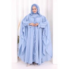 Bym Fashion Keten Pelerinli Elbise Abaya Takım 8021 Mavi