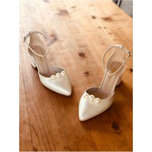 İlkinin Pabuçları Sedef Kadın Abiye 3 Incili Ayakkabı, 5cm Kalın Topuklu Ekru Gelin Ayakkabısı, Gelinlik Ayakkabısı