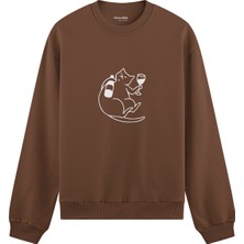 The Lucid Lab Wine Lover Cat Oversize Sweatshirt - Kahverengi