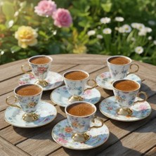 Velora 6 Kişilik Porselen Türk Kahvesi Fincan Takımı, Pembe Gül Desenli ve Sütun Şeritli, 12 Parça Klasik ve Nostaljik Çeyizlik Sunum Seti