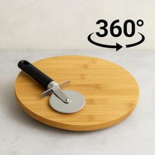 Velora Store Bambu Döner Sunum Tahtası 30 cm – 360° Dönebilir Ahşap Servis Tabağı – Pizza, Peynir, Pasta, Kek ve Tatlı Sunumları Için – Paslanmaz Çelik Pizza Kesici Dahil