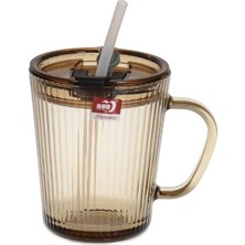 Velora Kapaklı Pipetli Cam Kupa Bardak Çay Kahve Meşrubat Tatlı Bardağı Kahverengi 370 ml