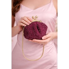 Hobicium Fuşya Renkli Çanta Gold Zincirli Kadın El Çantası Vintage Klipsli El Emeği Çanta