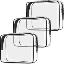 Velora Şeffaf Tuvalet Çantası, 3'lü Paket Pvc Siyah Kenarlı Kozmetik Çantası, Şeffaf Makyaj Çantası, Seyahat Çantası, Taşıma Çantası (22×15×7cm)