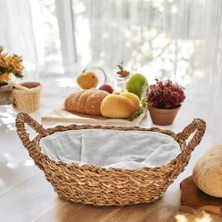 Liora El Yapımı Doğal Hasır Kulplu Çok Amaçlı Dekoratif Oval Sepet, Hasır Kulplu Ekmek Sepeti (27X18X8 Cm)