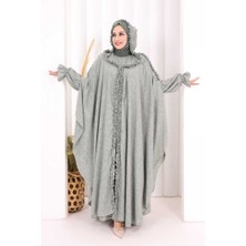 Bym Fashion Keten Pelerinli Elbise Abaya Takım 8021 Mint