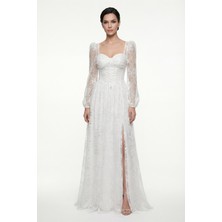 Lafaba Kadın Beyaz Dar Kalıp Uzun Kol Bacak Dekolteli Dantelli Abiye Elbise